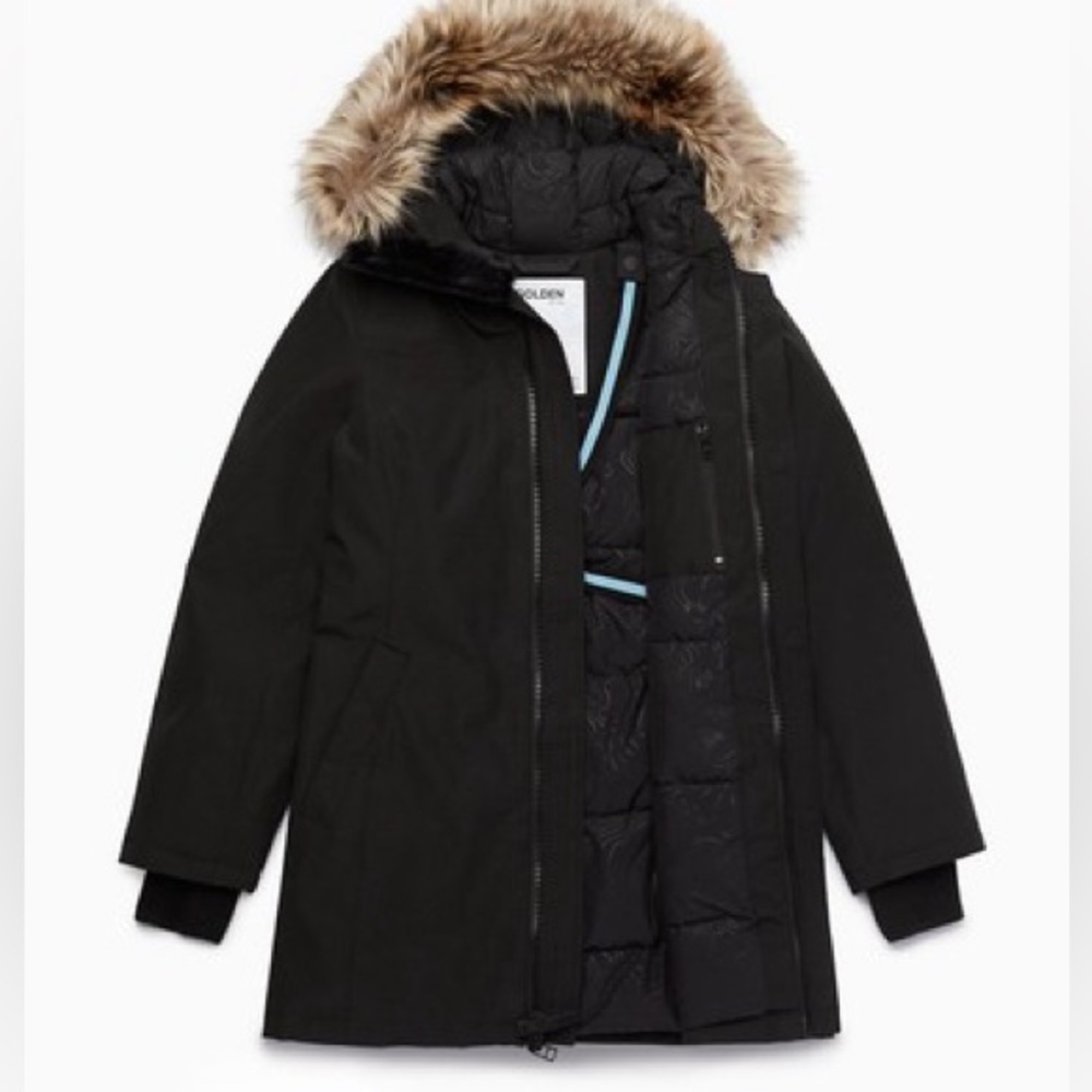 Aritzia Golden by TNA Haven Black Parka Coat with Faux Fur Hood size XS